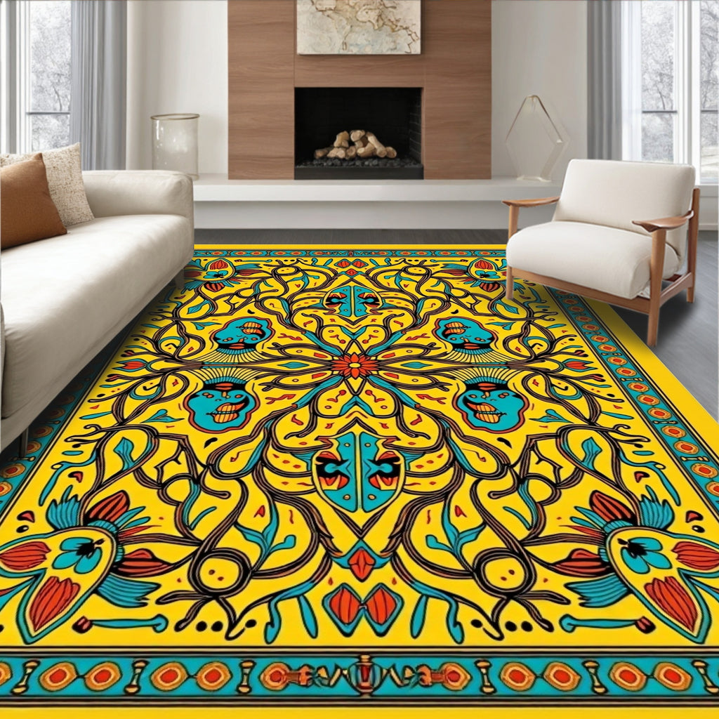 Vibrant Yellow Floral Face Border Rug