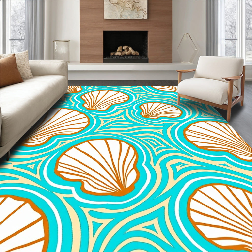 Aqua Orange Shell Waves Rug