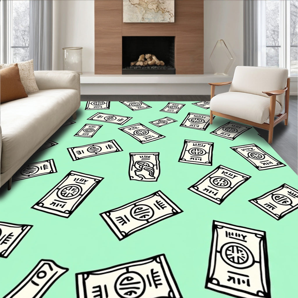 Mint Green Cartoon Money Bills Rug