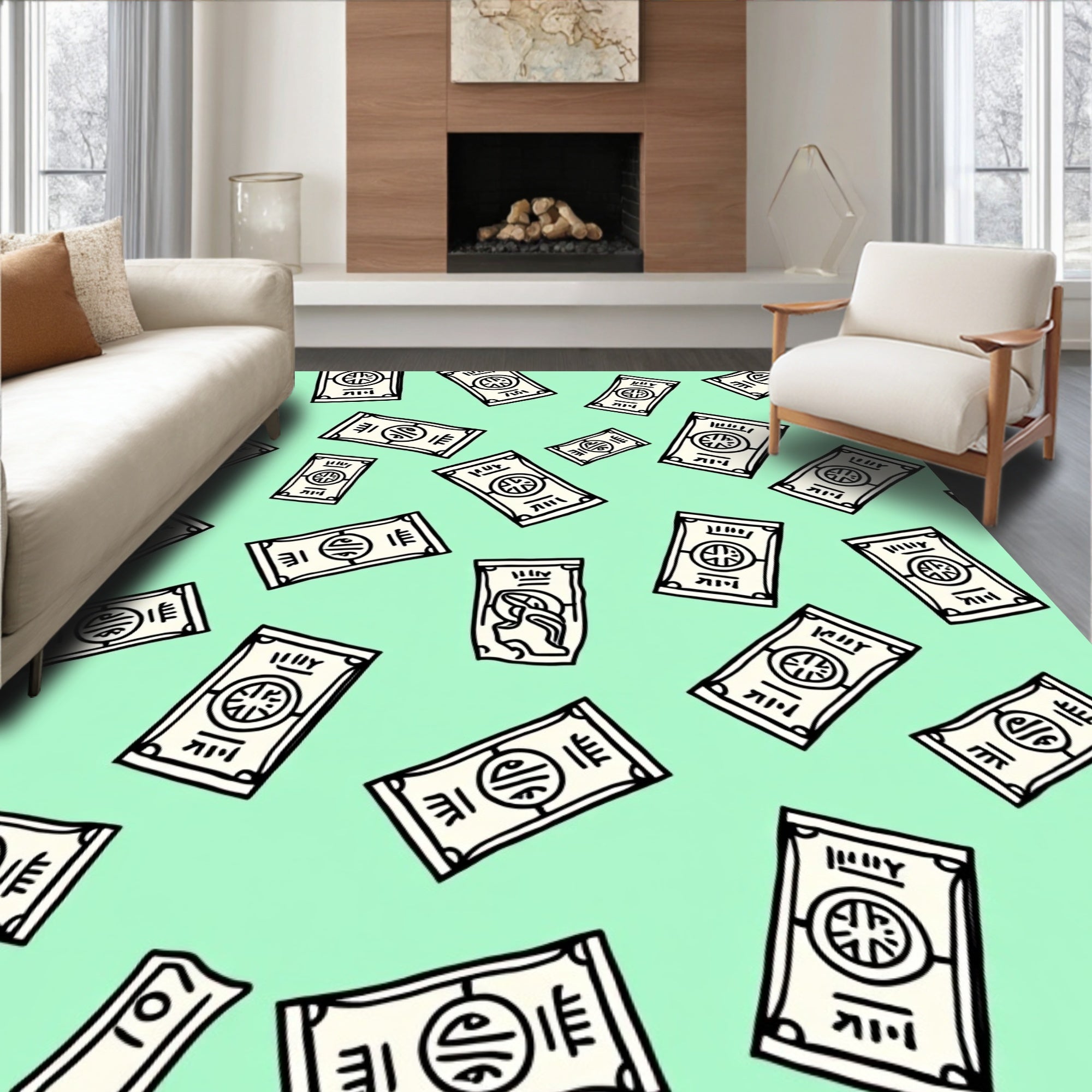Mint Green Cartoon Money Bills Rug