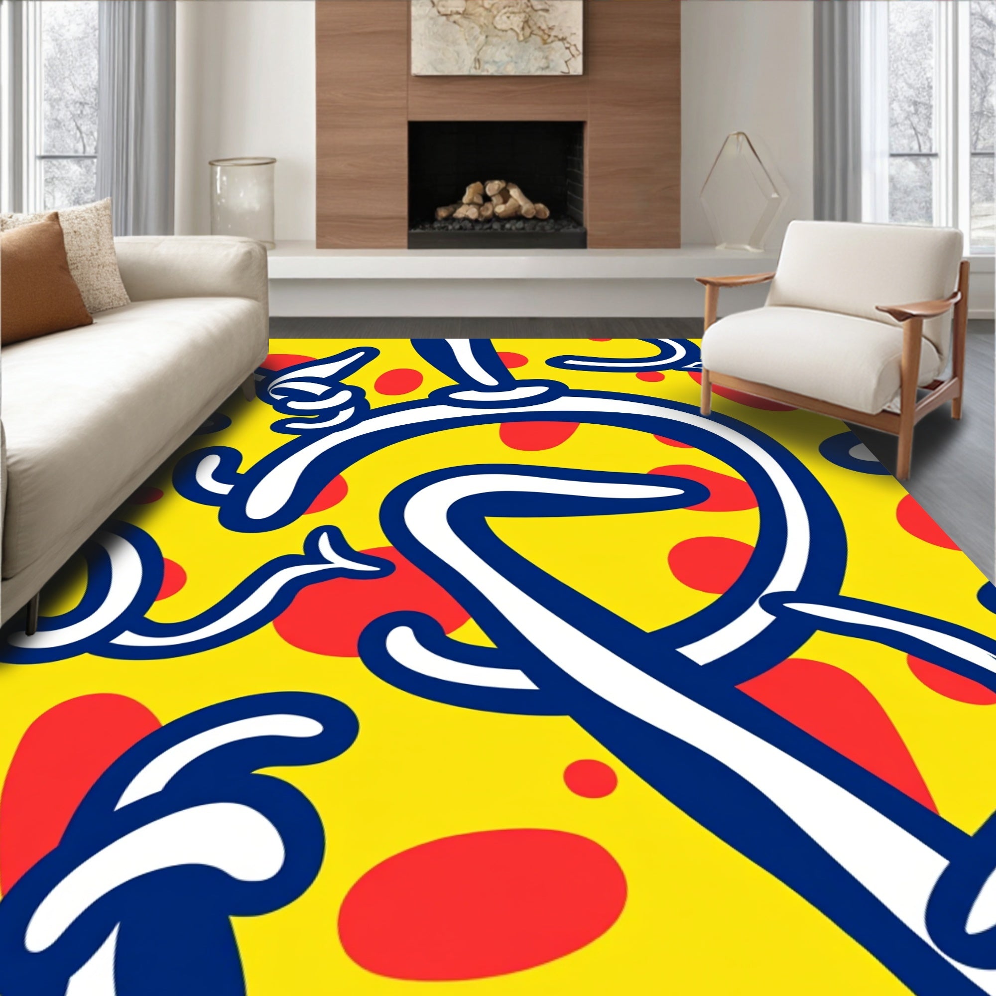 Bold Blue White Swirl Yellow Red Dots Rug