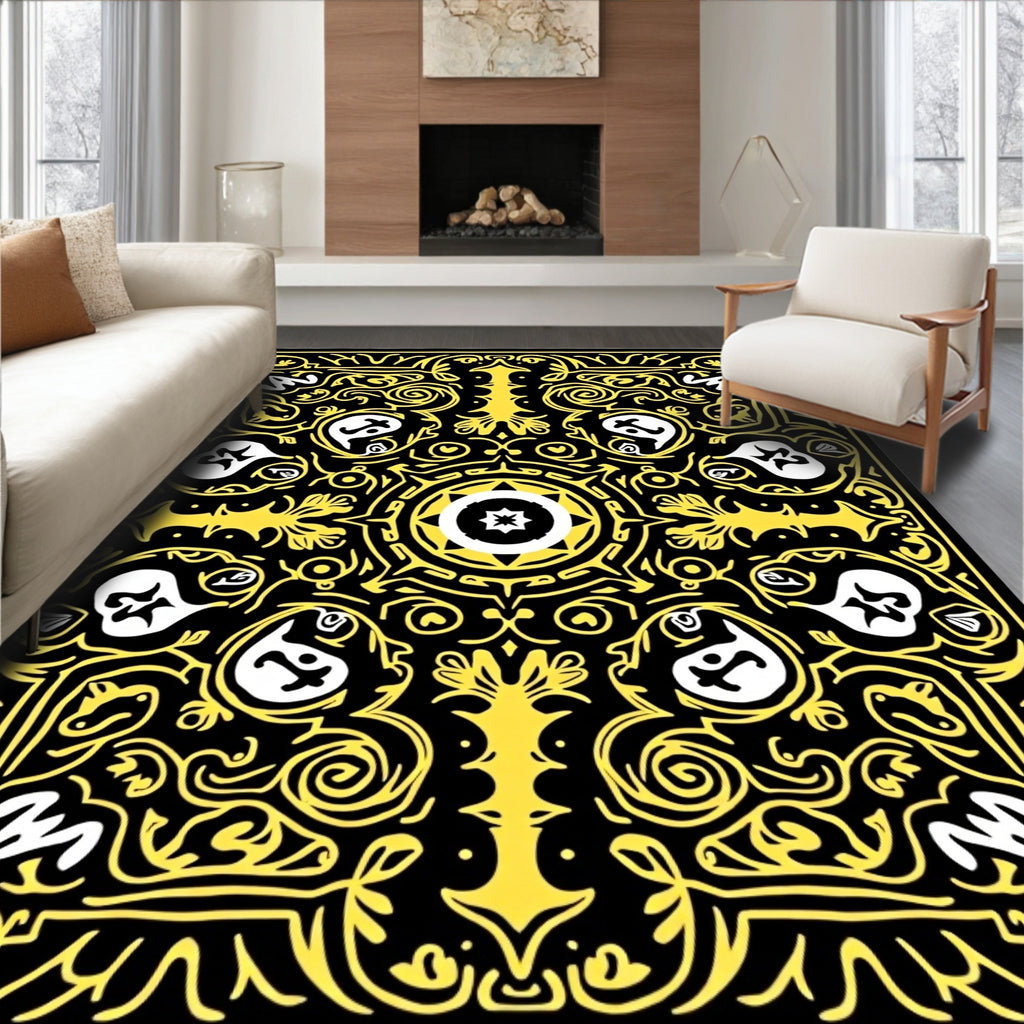 Black Yellow Ornate Mandala Rug