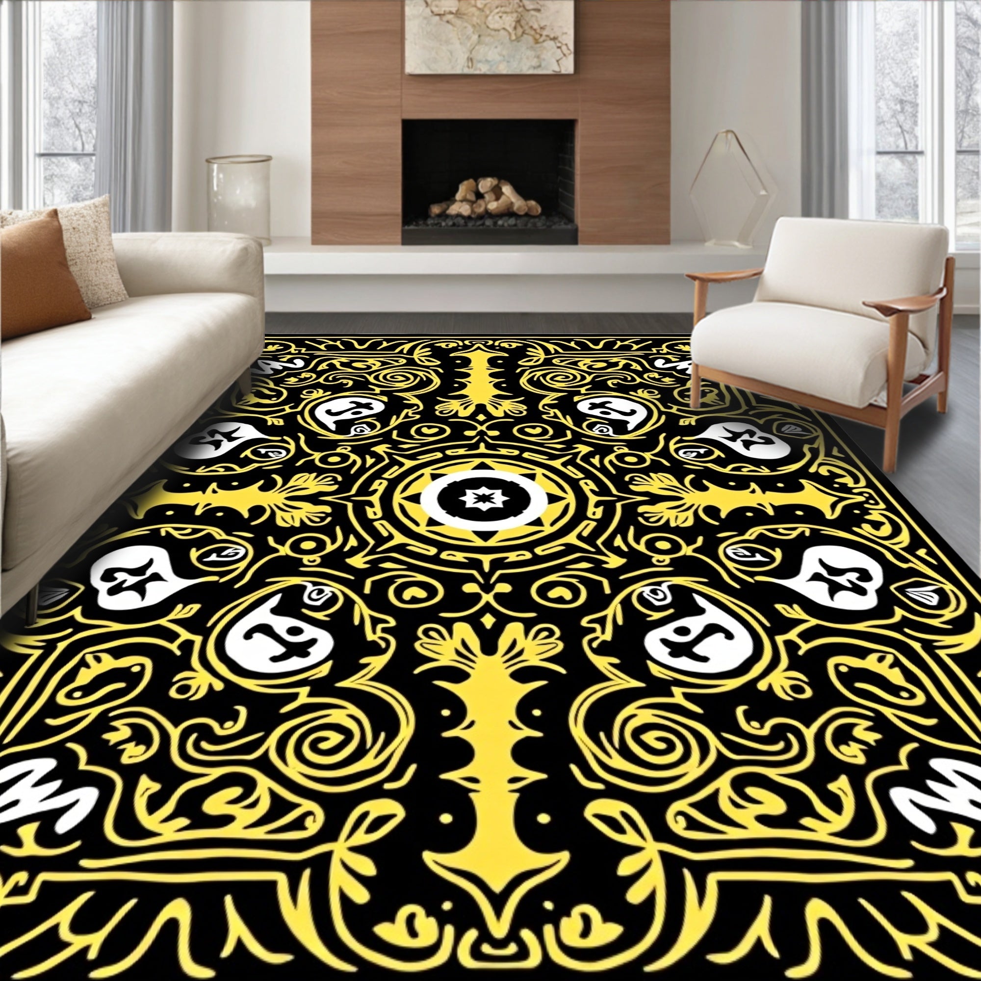 Black Yellow Ornate Mandala Rug