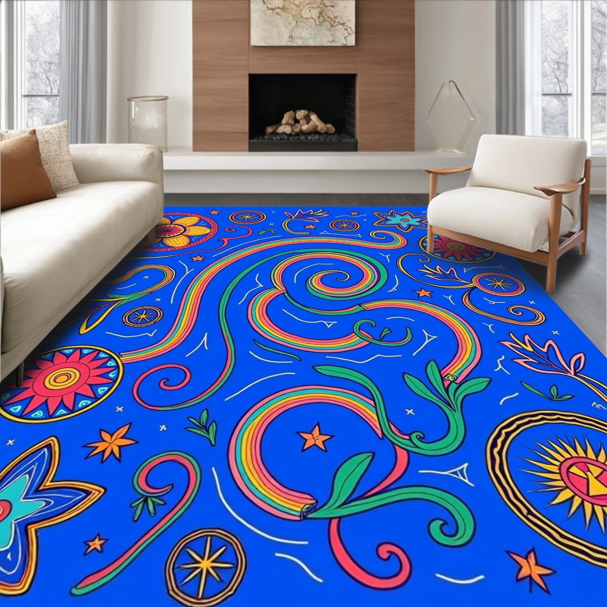Vibrant Rainbow Swirl Floral Medallions Rug