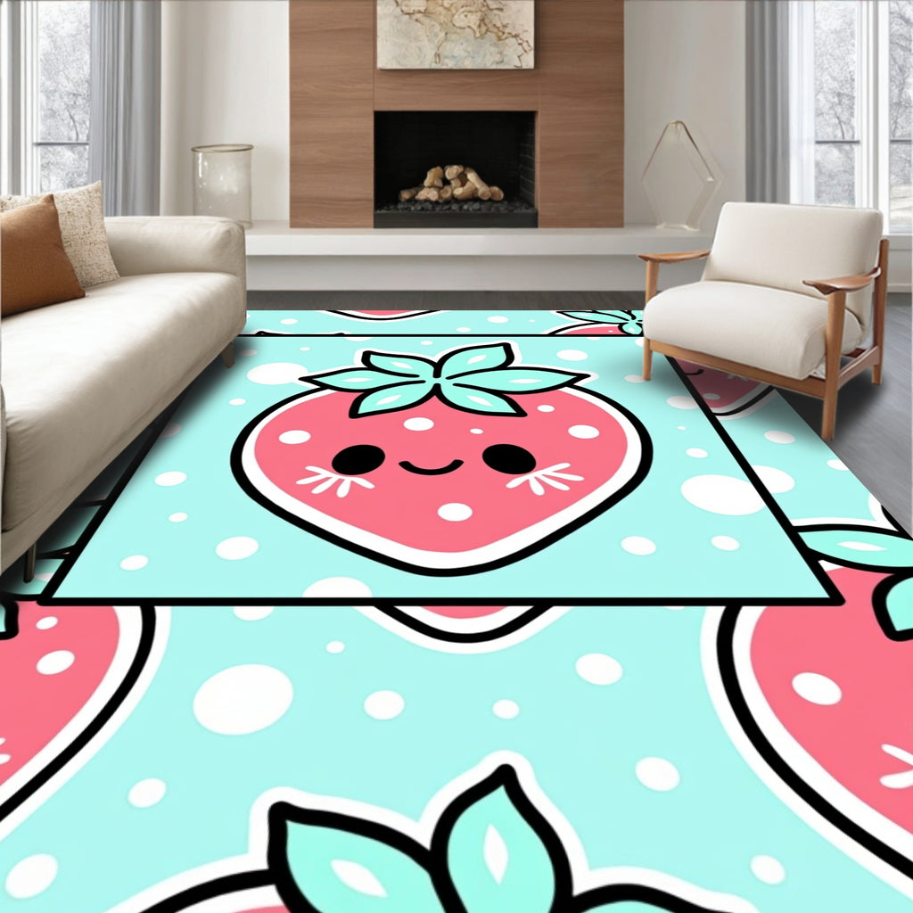 Cute Pink Strawberry Mint Dot Rug
