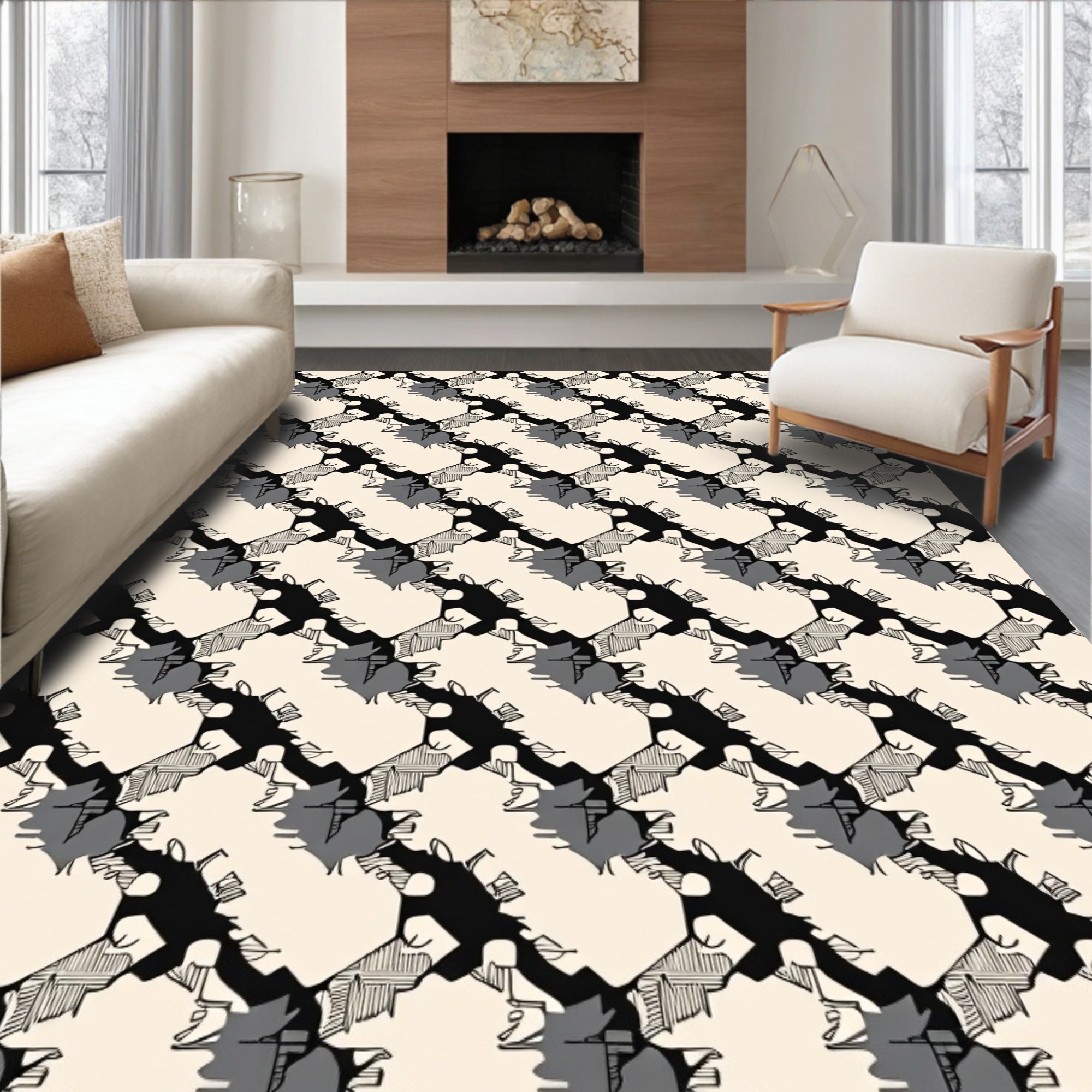 Diagonal Black White Abstract Forms Rug