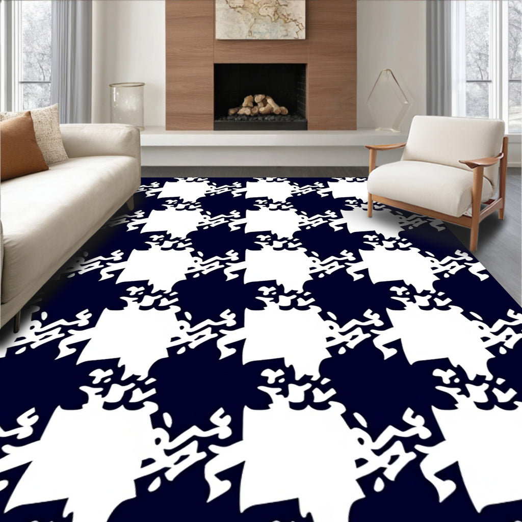 Dark Blue White Jagged Houndstooth Rug