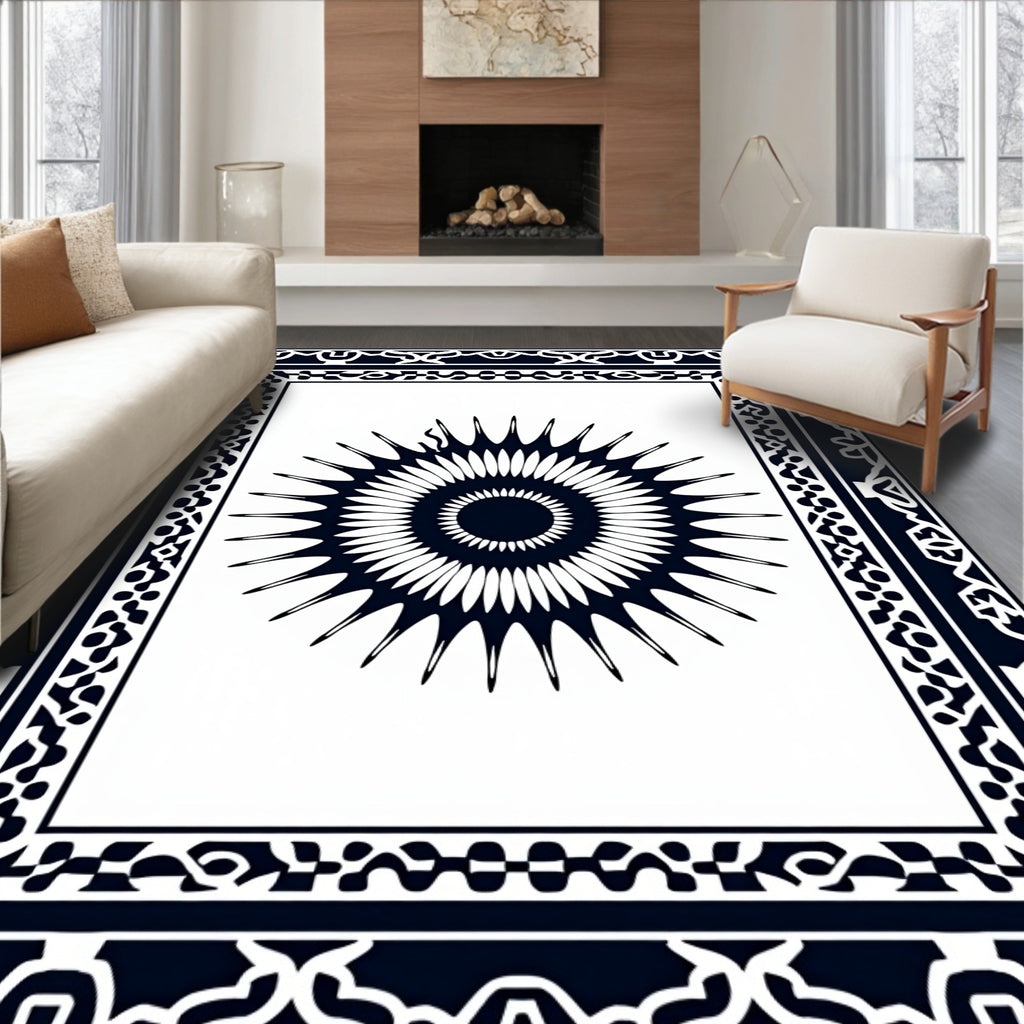 Dark Blue Sunburst Frame Rug