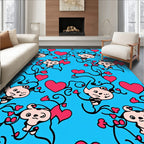 Whimsical Pink Heart Characters Blue Background Rug