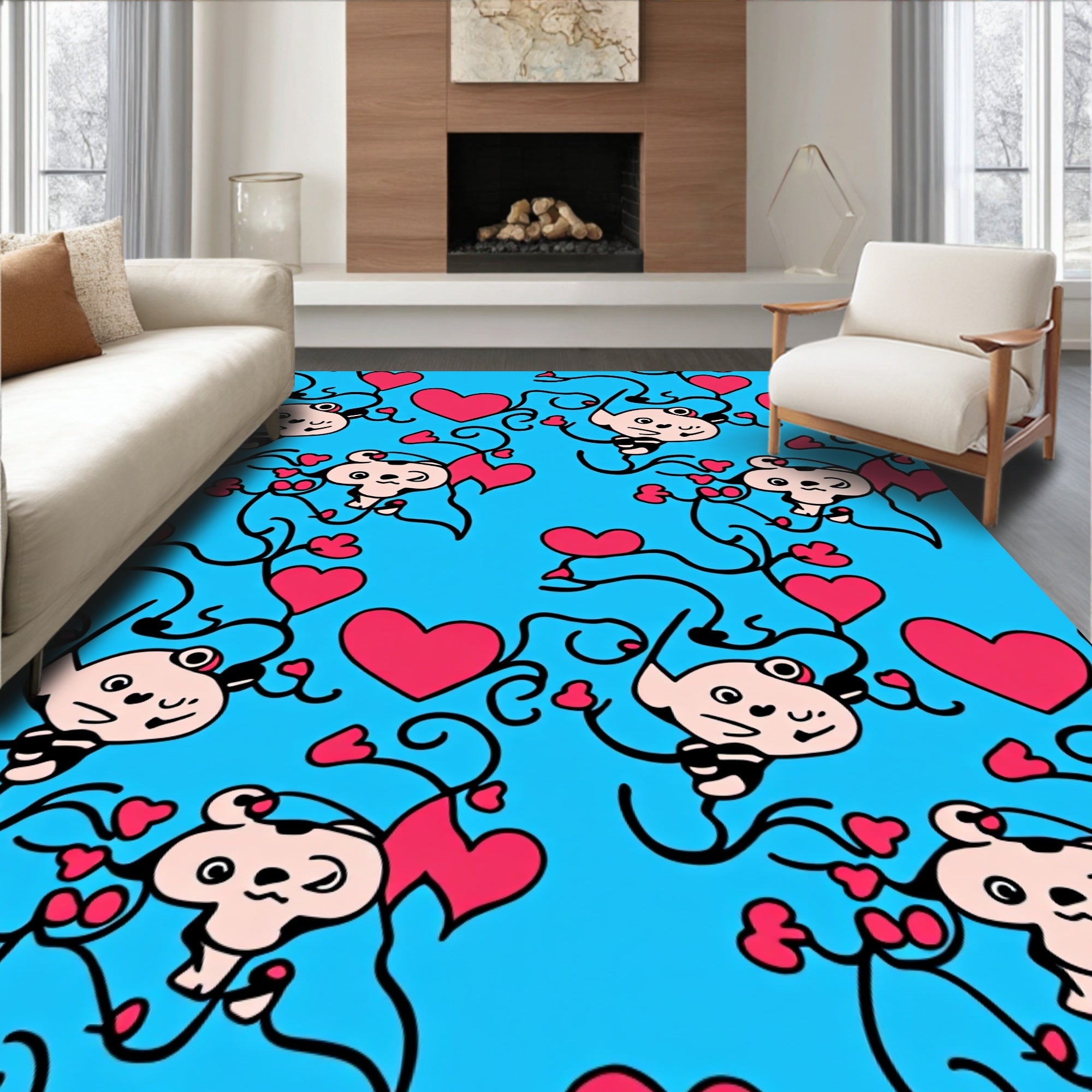 Whimsical Pink Heart Characters Blue Background Rug