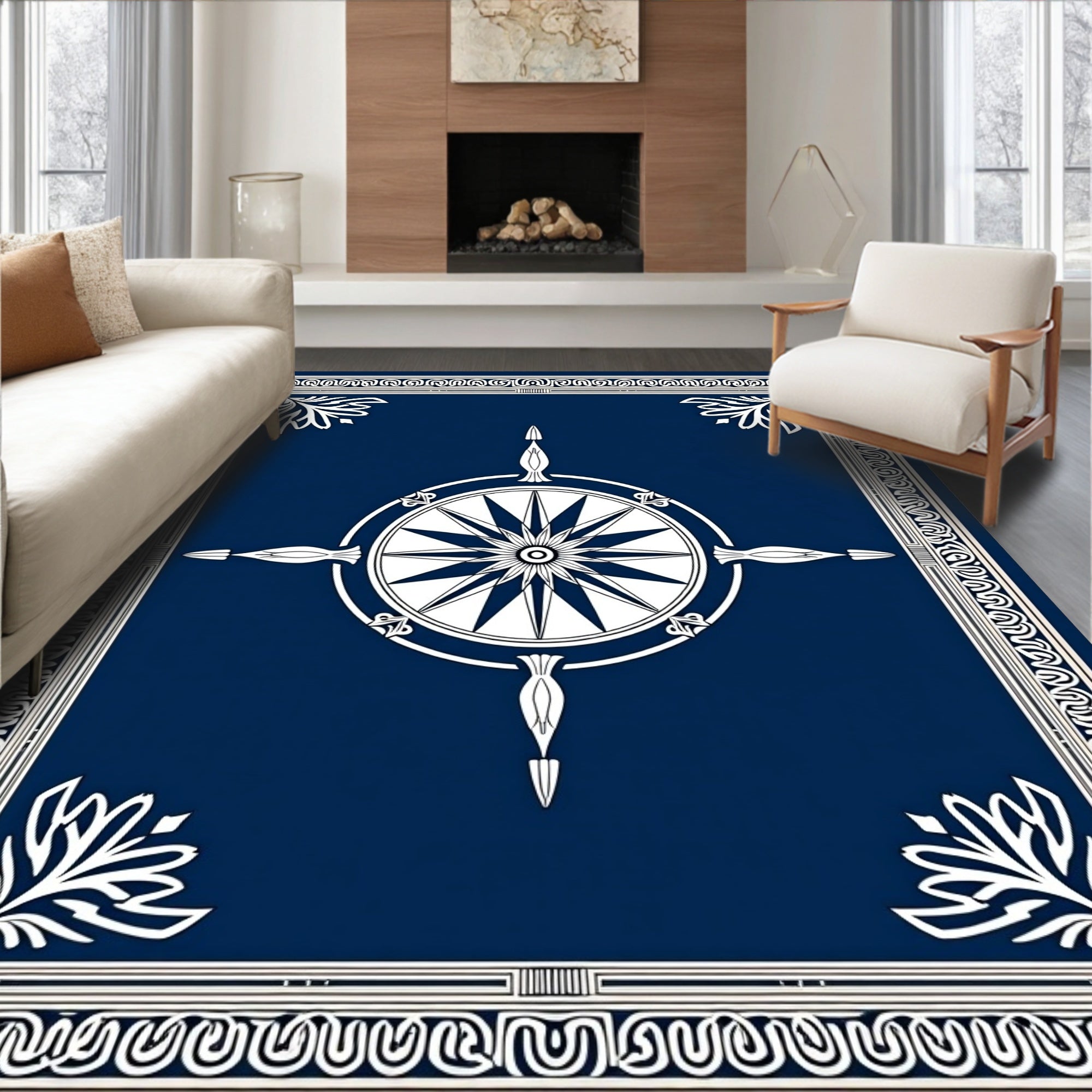 Classic Blue Compass Rose Border Rug