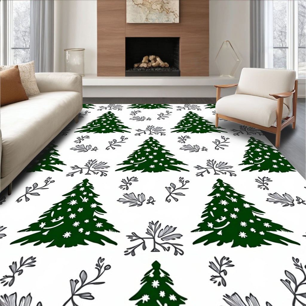 Dark Green Christmas Tree Folk Art Rug