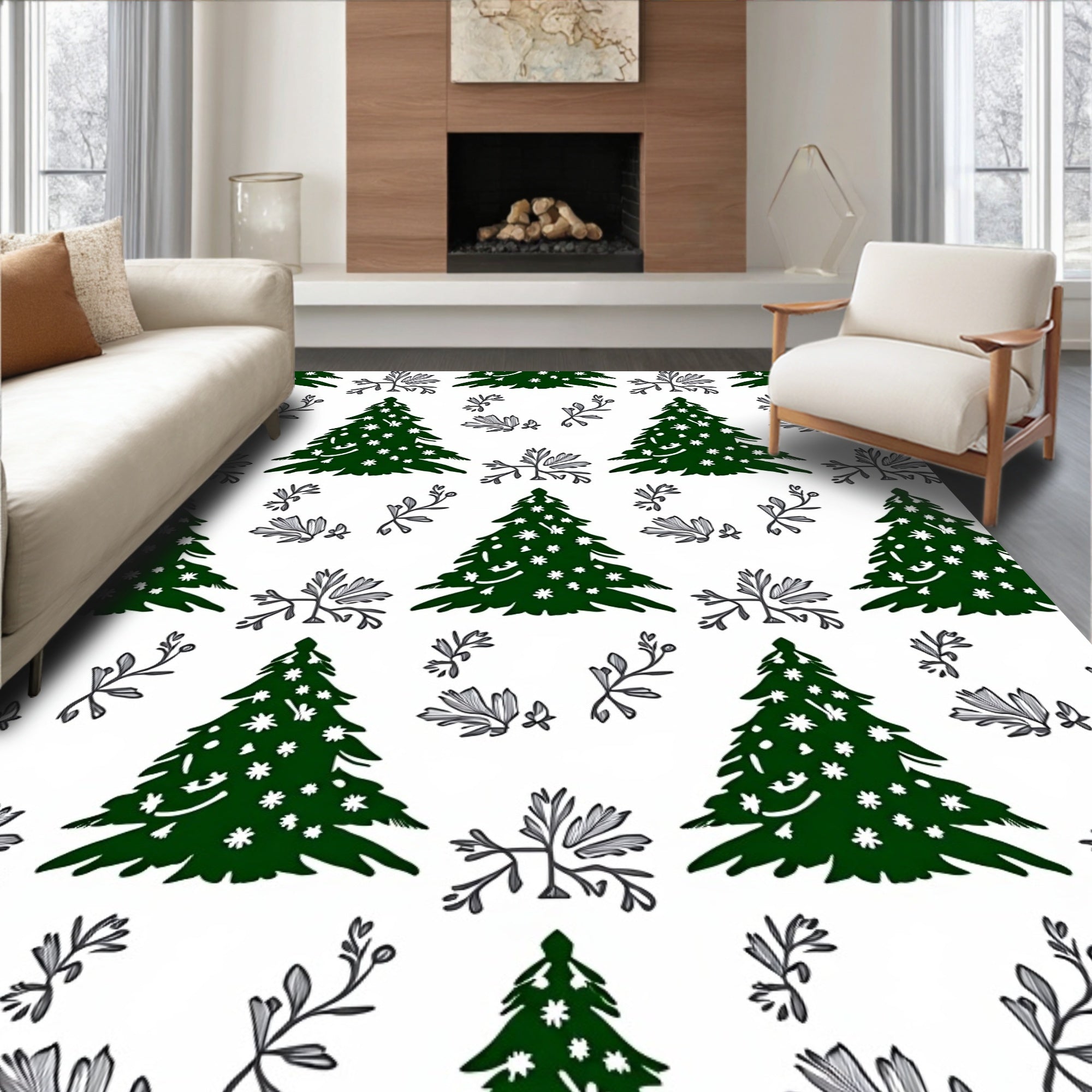 Dark Green Christmas Tree Folk Art Rug