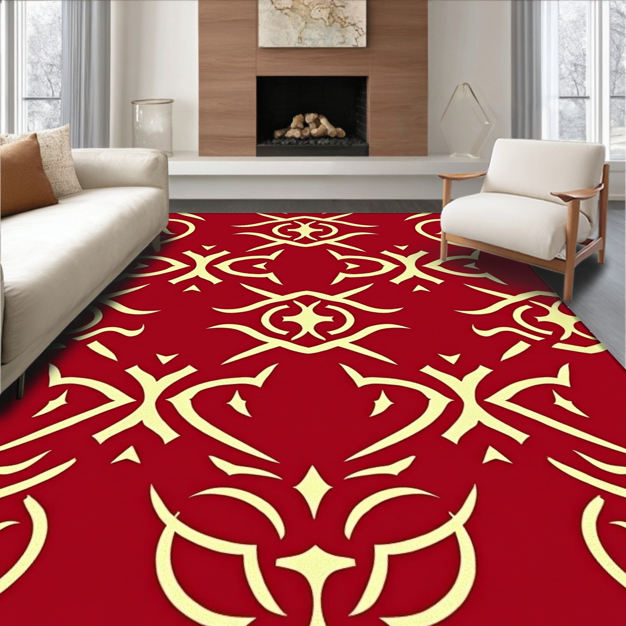 Crimson Golden Intertwined Scroll Rug