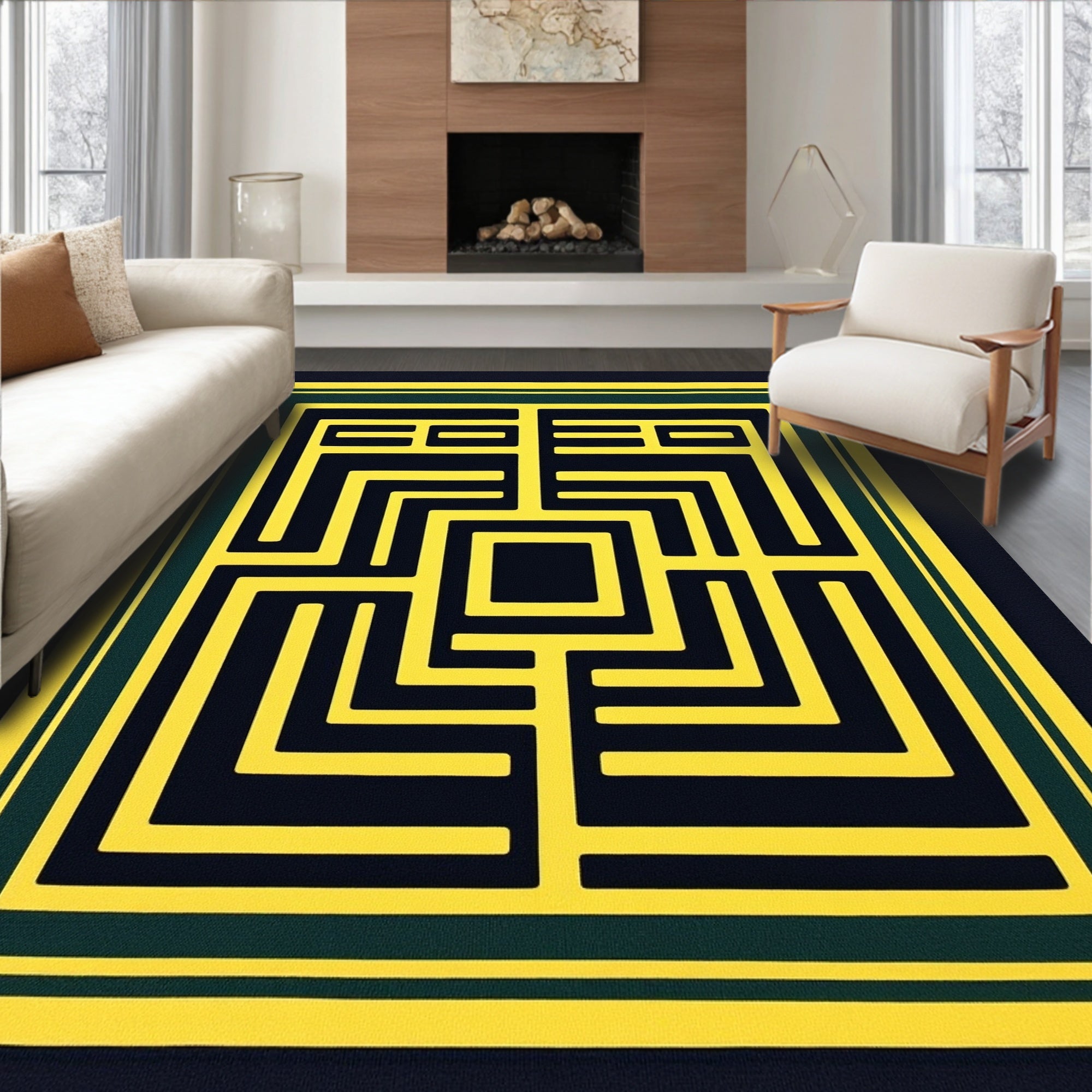 Maze Yellow Black Border Rug