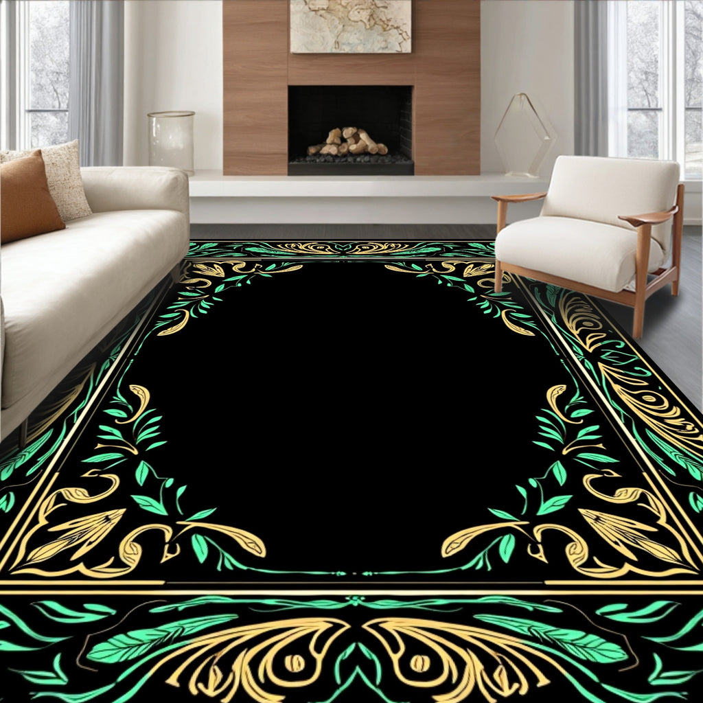 Ornate Yellow and Teal Floral Border Rug