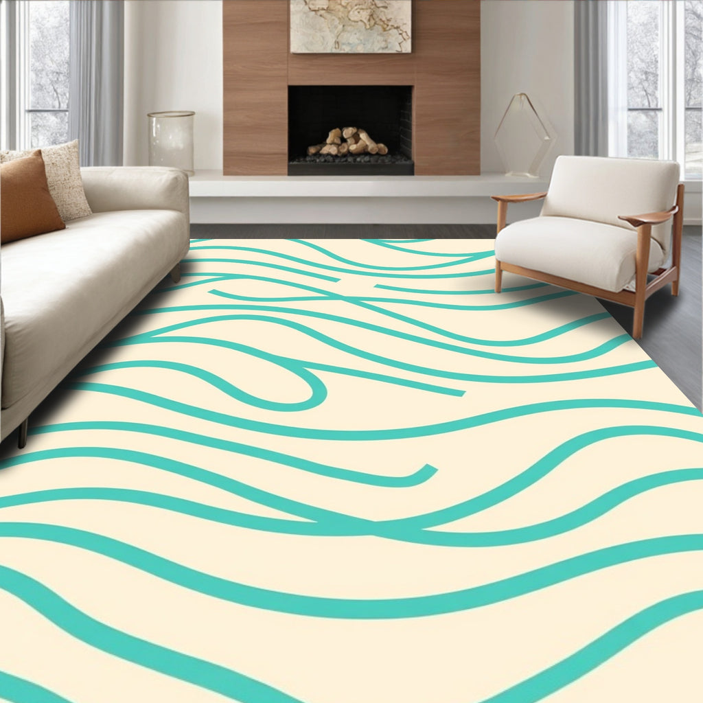 Cream Teal Abstract Wavy Lines Rug