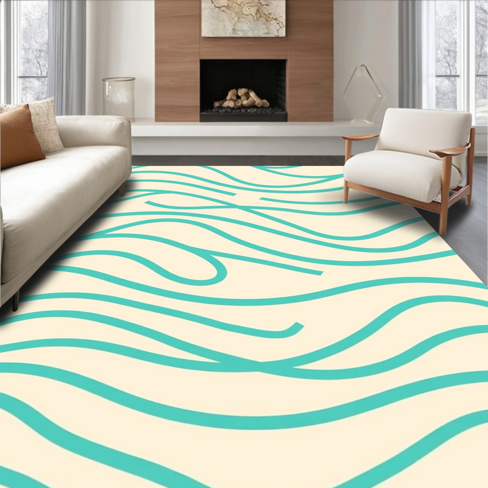 Cream Teal Abstract Wavy Lines Rug