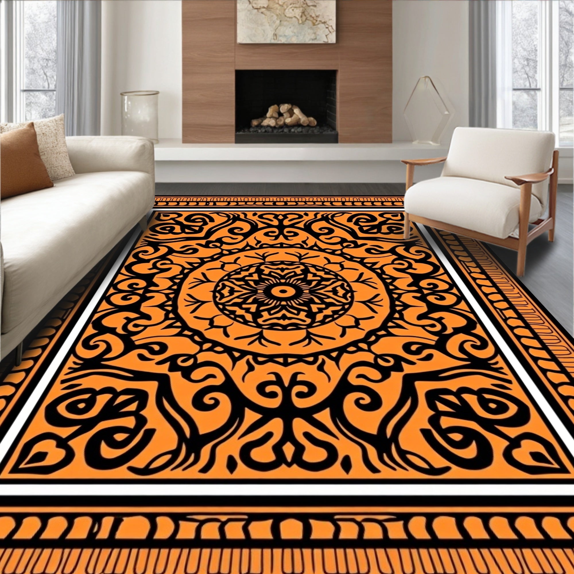 Orange and Black Intricate Medallion Rug