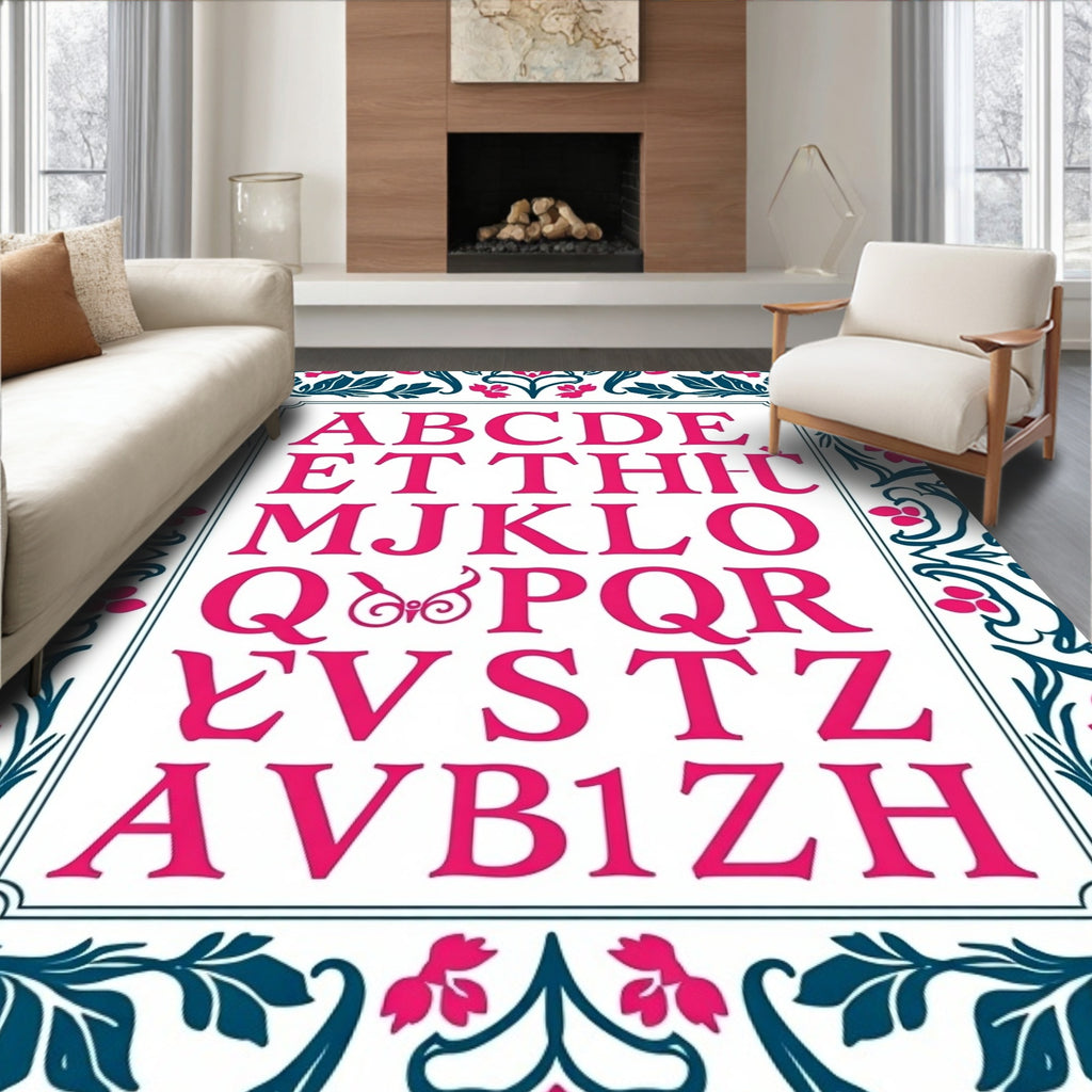Pink Floral Border Alphabet Artwork Rug