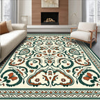 Cream Orange Dark Green Folk Art Rug