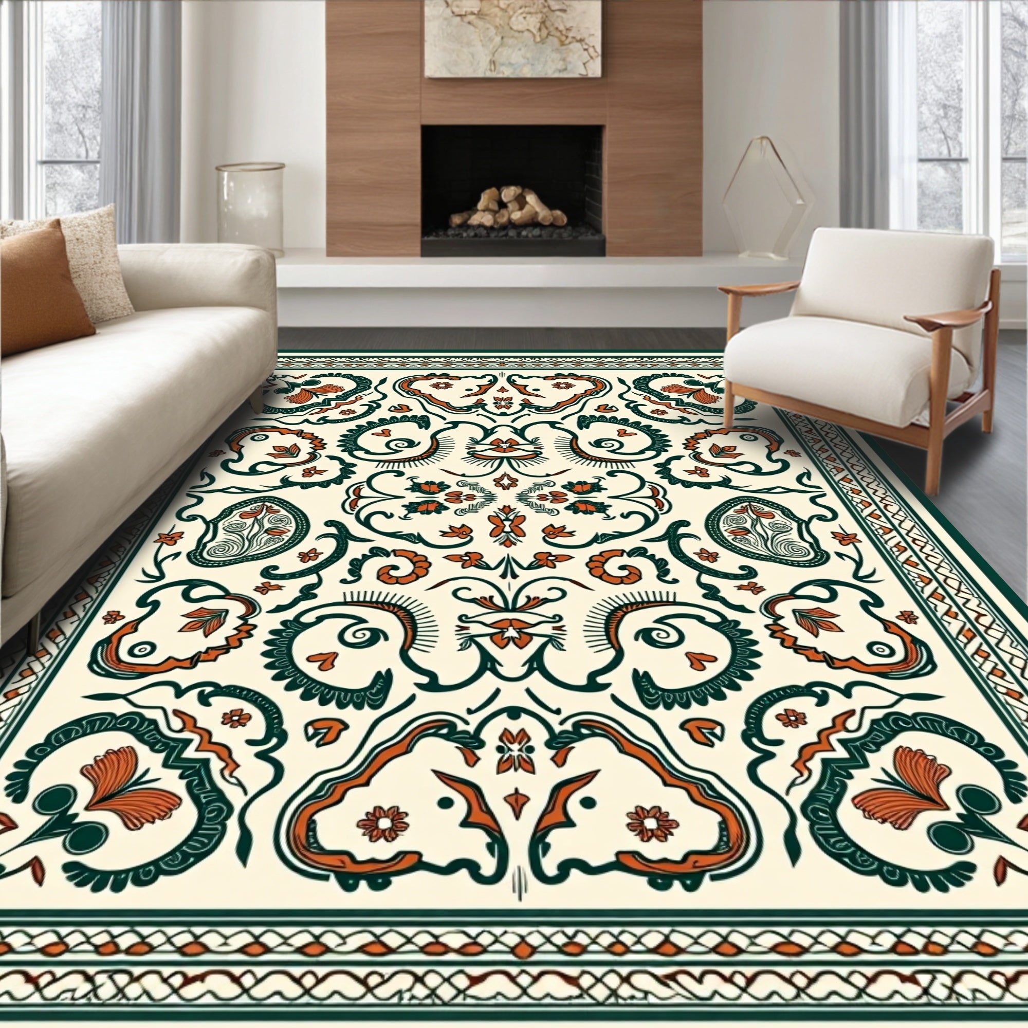 Cream Orange Dark Green Folk Art Rug
