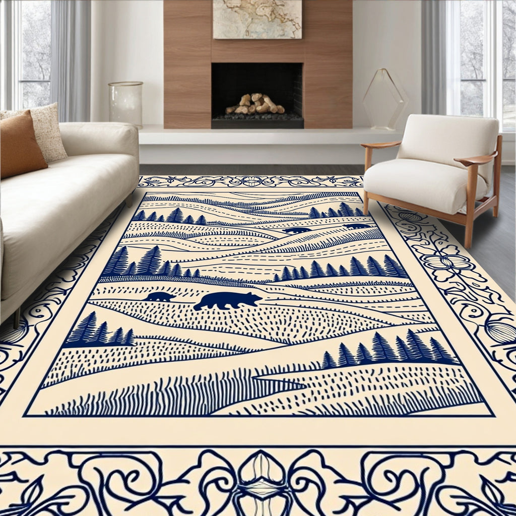 Navy Blue Bear Woodland Landscape Border Rug