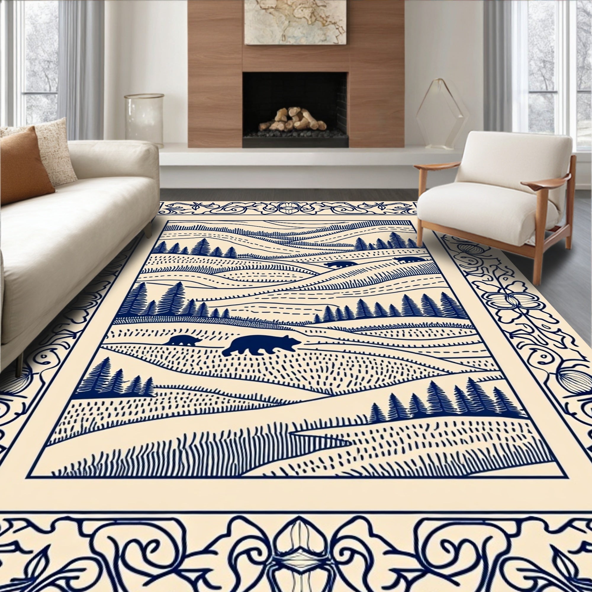 Navy Blue Bear Woodland Landscape Border Rug
