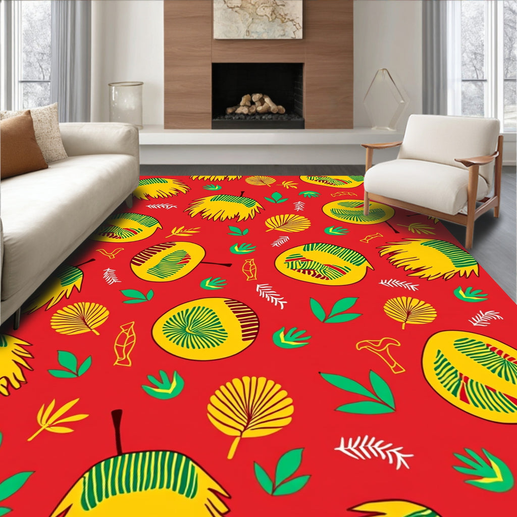 Vibrant Yellow Green Foliage Red Background Rug