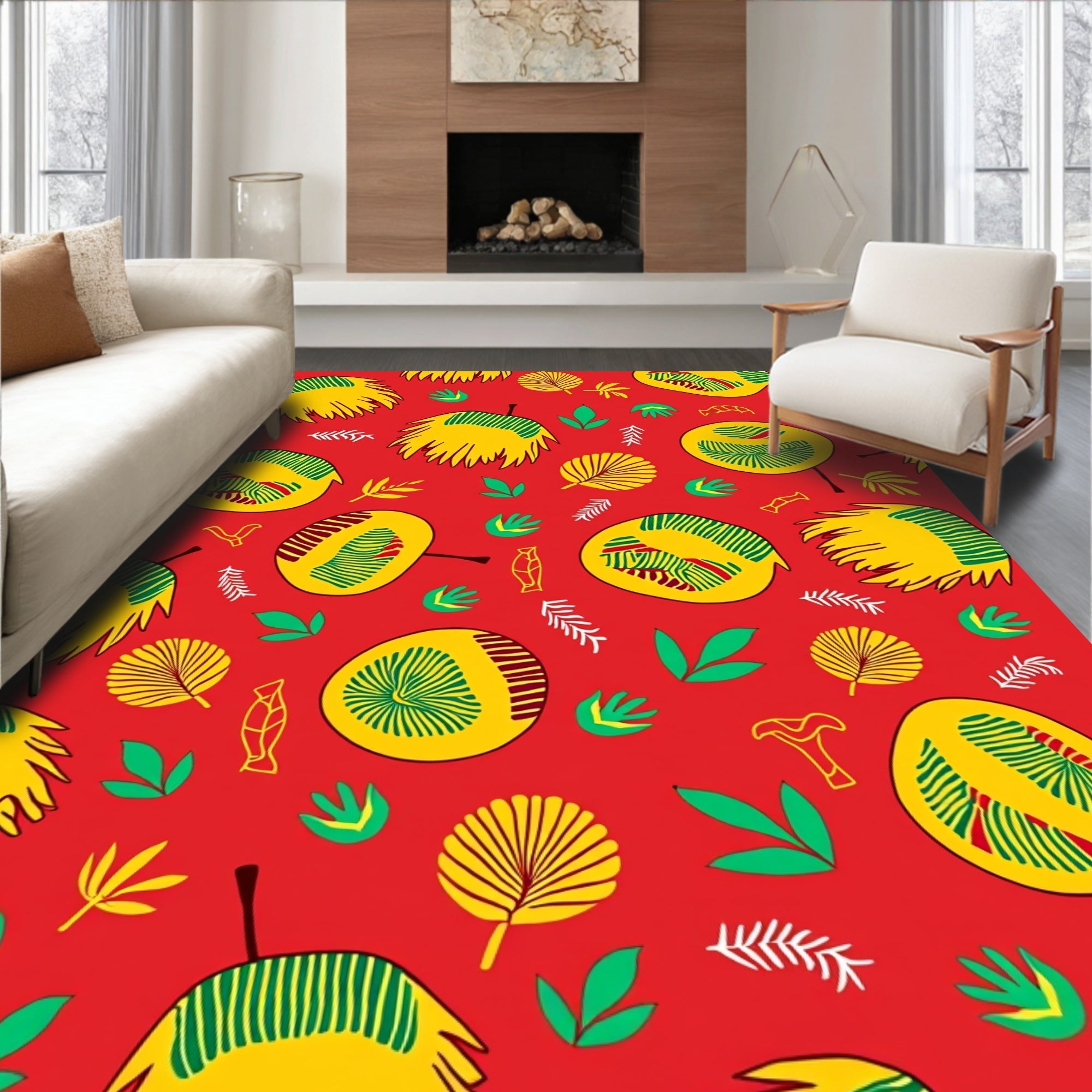 Vibrant Yellow Green Foliage Red Background Rug