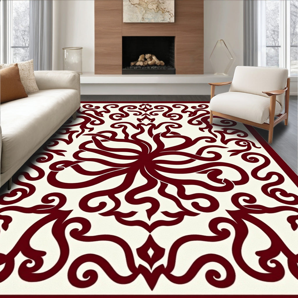 Deep Crimson Filigree Swirl Medallion Rug