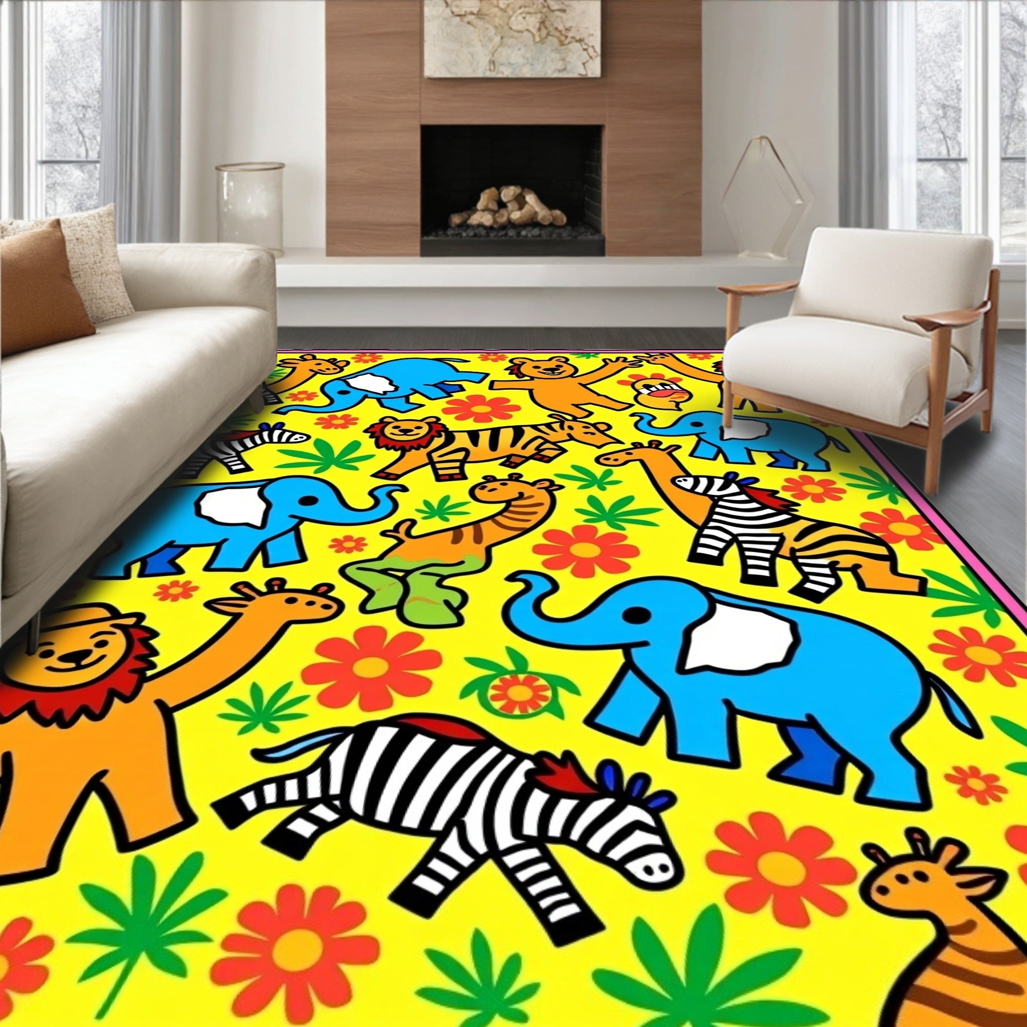 Whimsical Animals and Flowers Yellow Rug