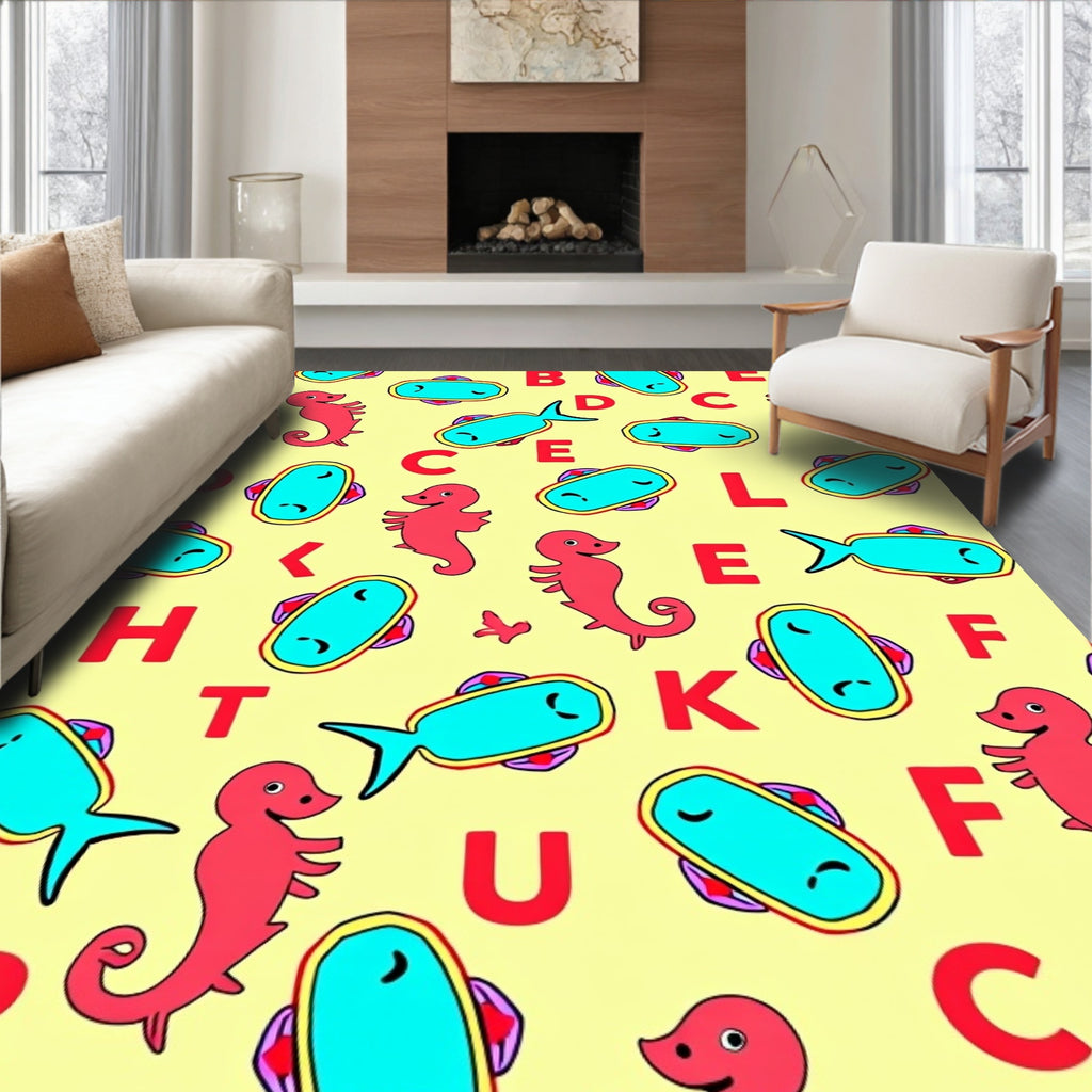 Red Seahorses Aqua Fish Letters Rug