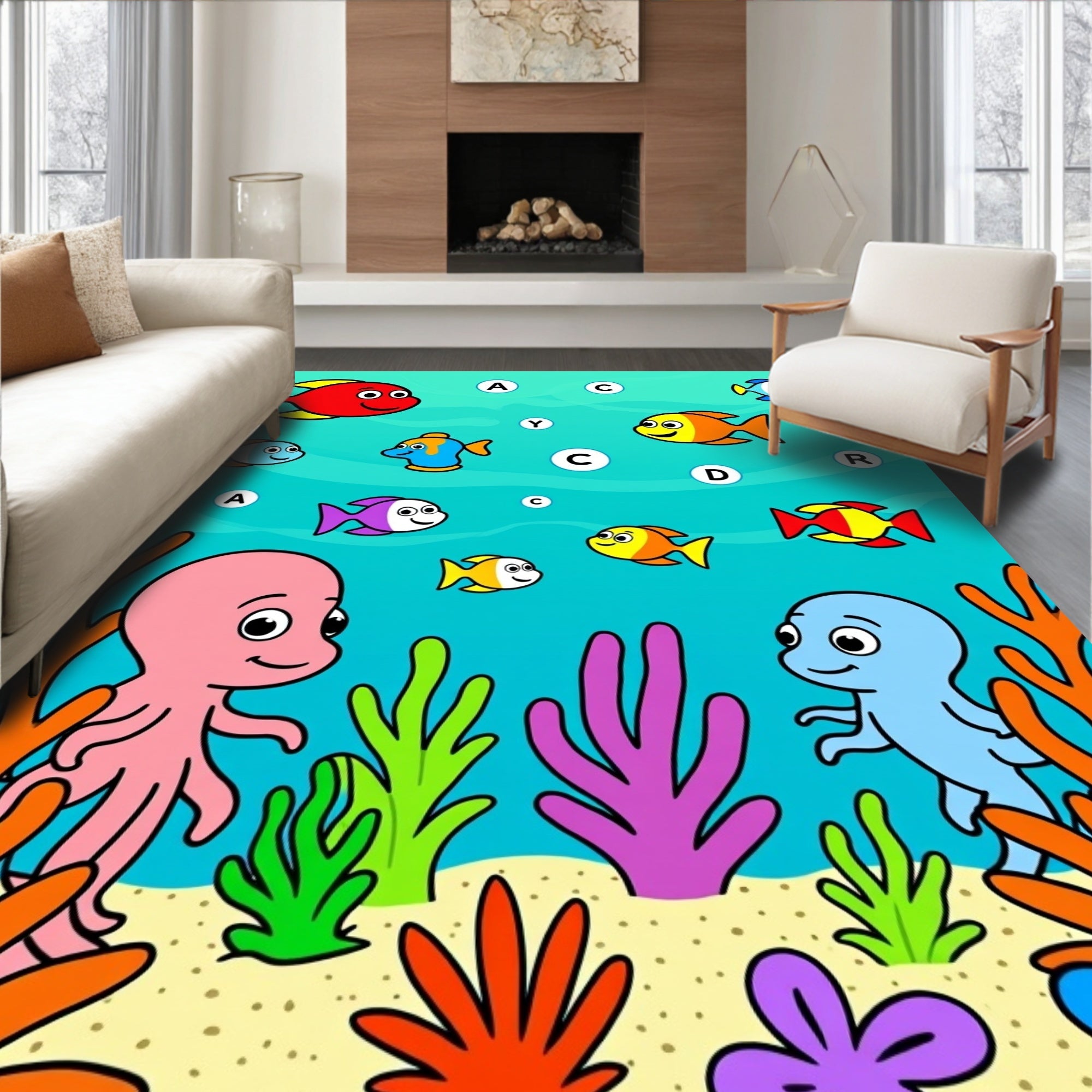 Ocean Life Colorful Fish Octopus Coral Rug