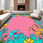 Jungle Safari Animals Pink Floral Border Rug