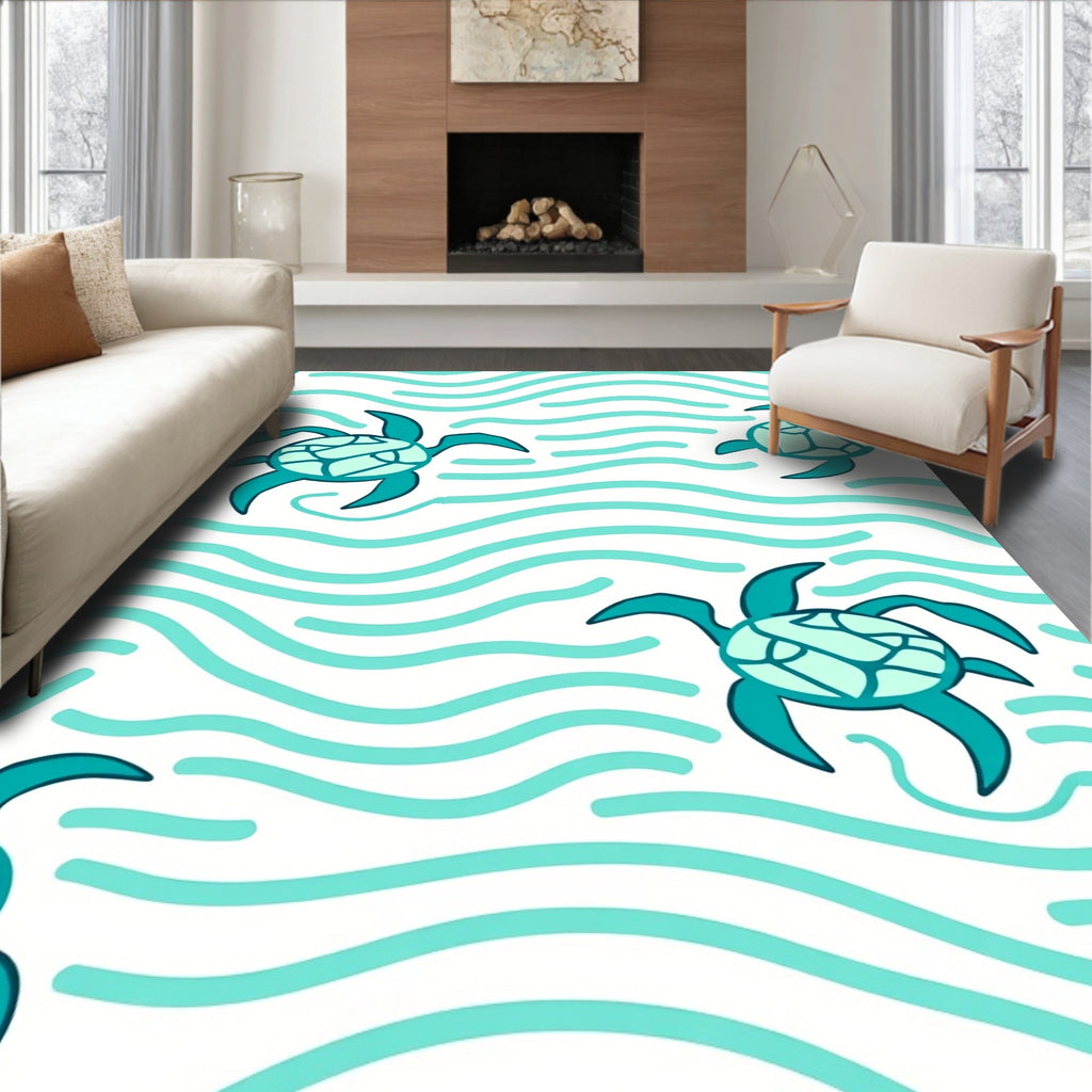 Teal Sea Turtles Floating Waves Rug