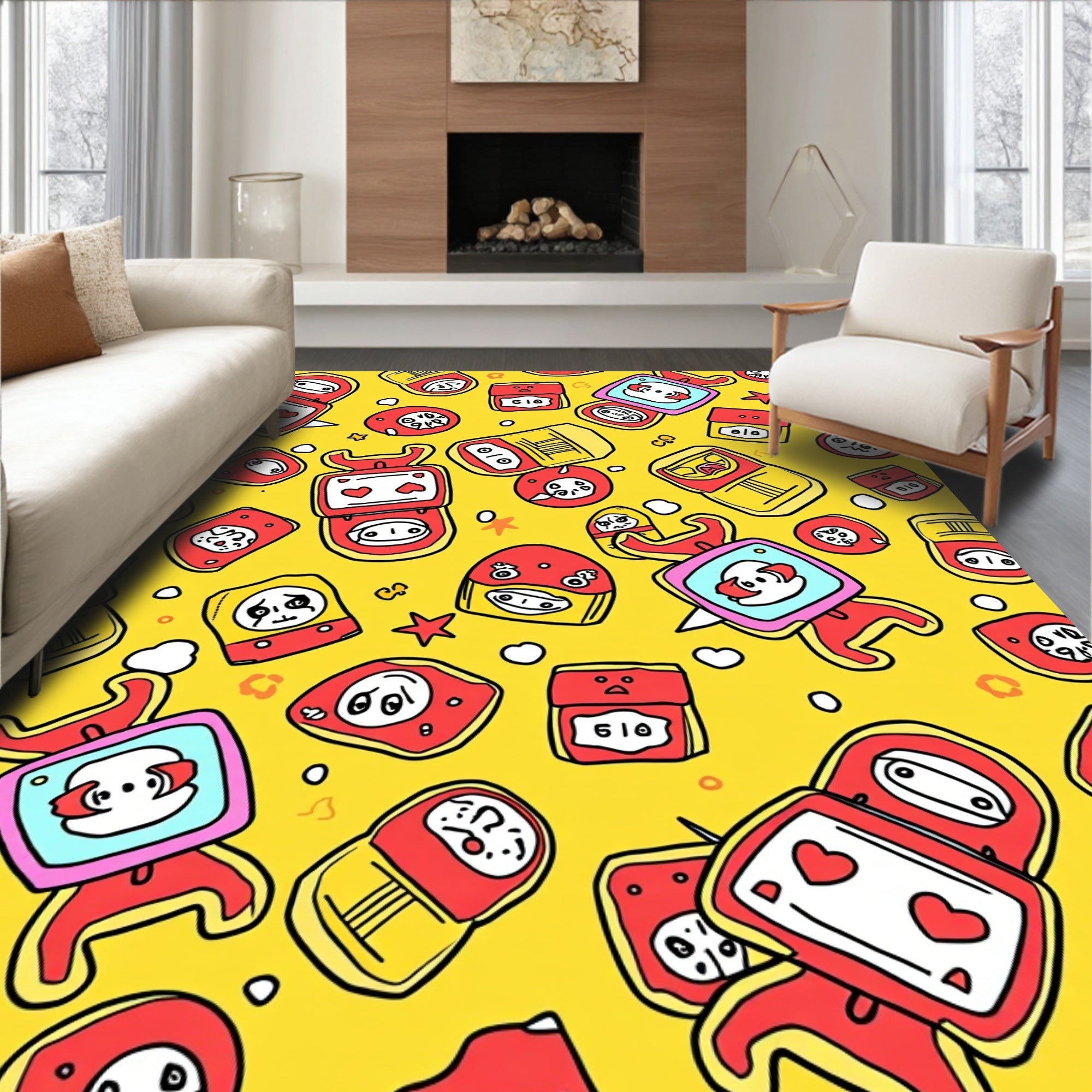 Retro Red Yellow Cartoon Characters Rug