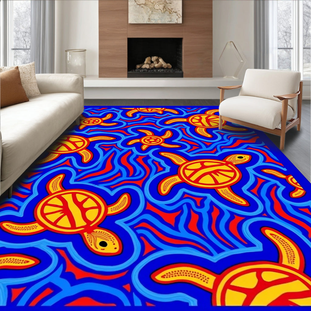 Yellow Sun Turtles in Blue Waves Rug