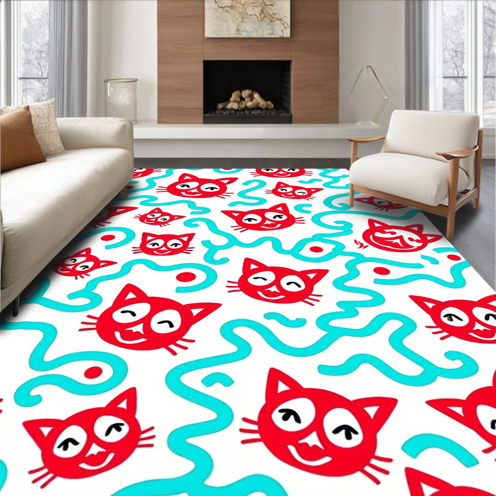 Whimsical Red Cat Turquoise Swirls Rug