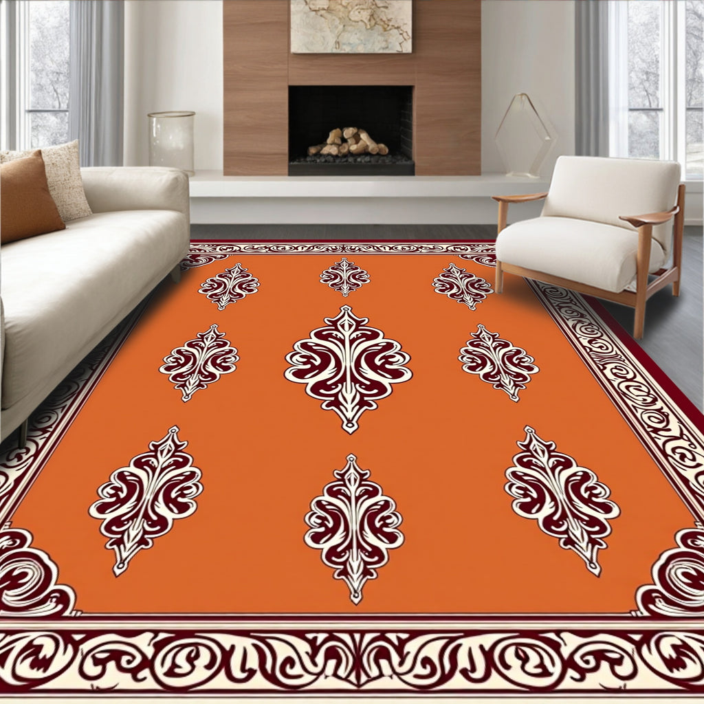 Terracotta Damask Bordered Medallion Rug