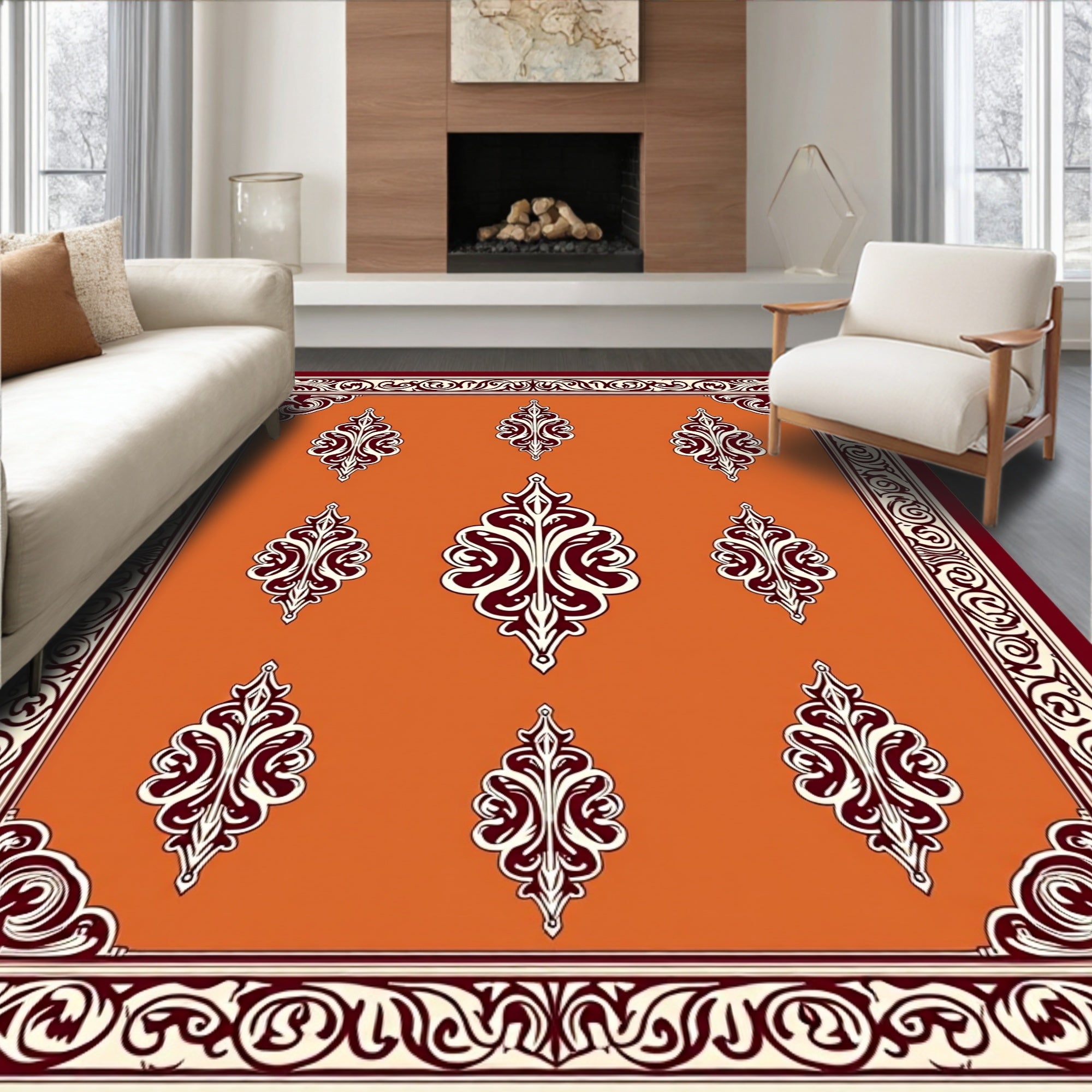 Terracotta Damask Bordered Medallion Rug