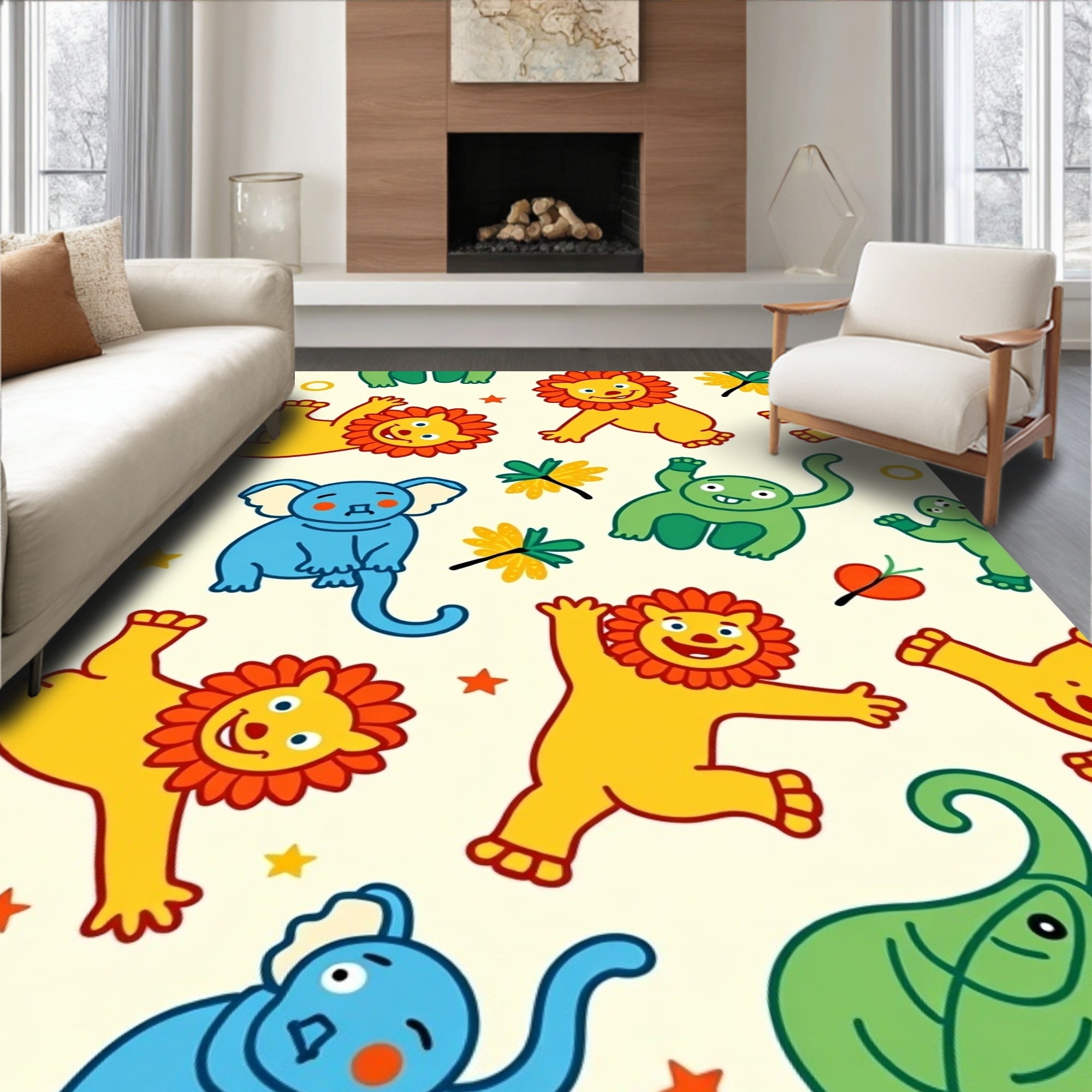 Playful Jungle Animals Yellow Blue Green Rug