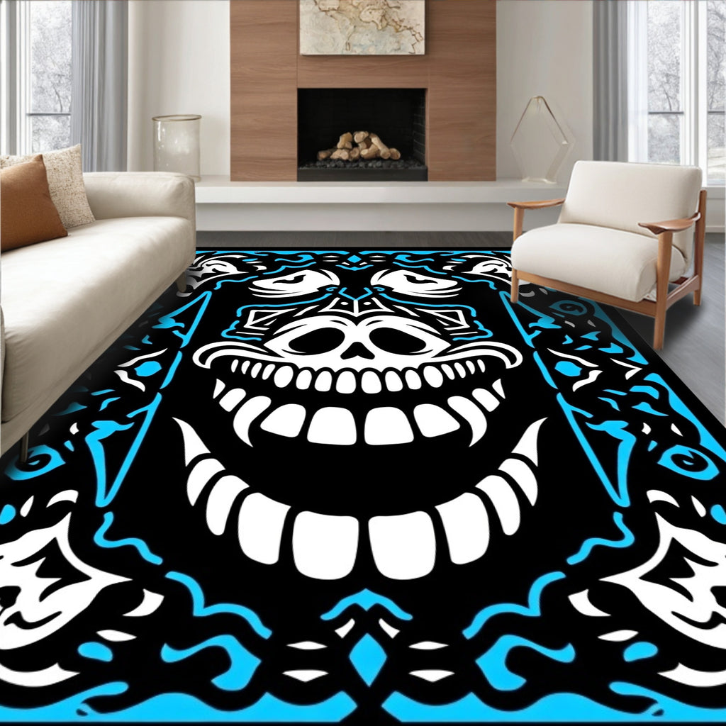 Electric Blue Skull Grinning Ornate Border Rug