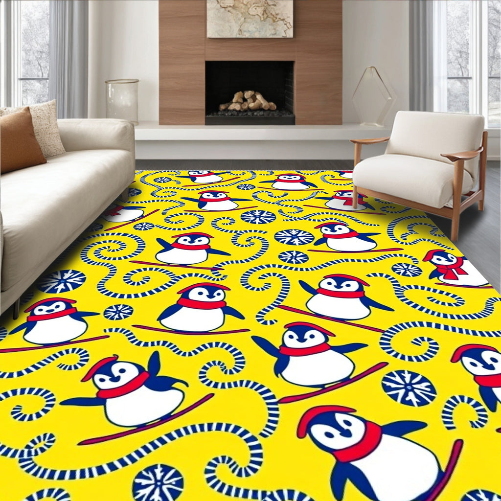 Yellow Skiing Penguin Swirl Snowflakes Rug