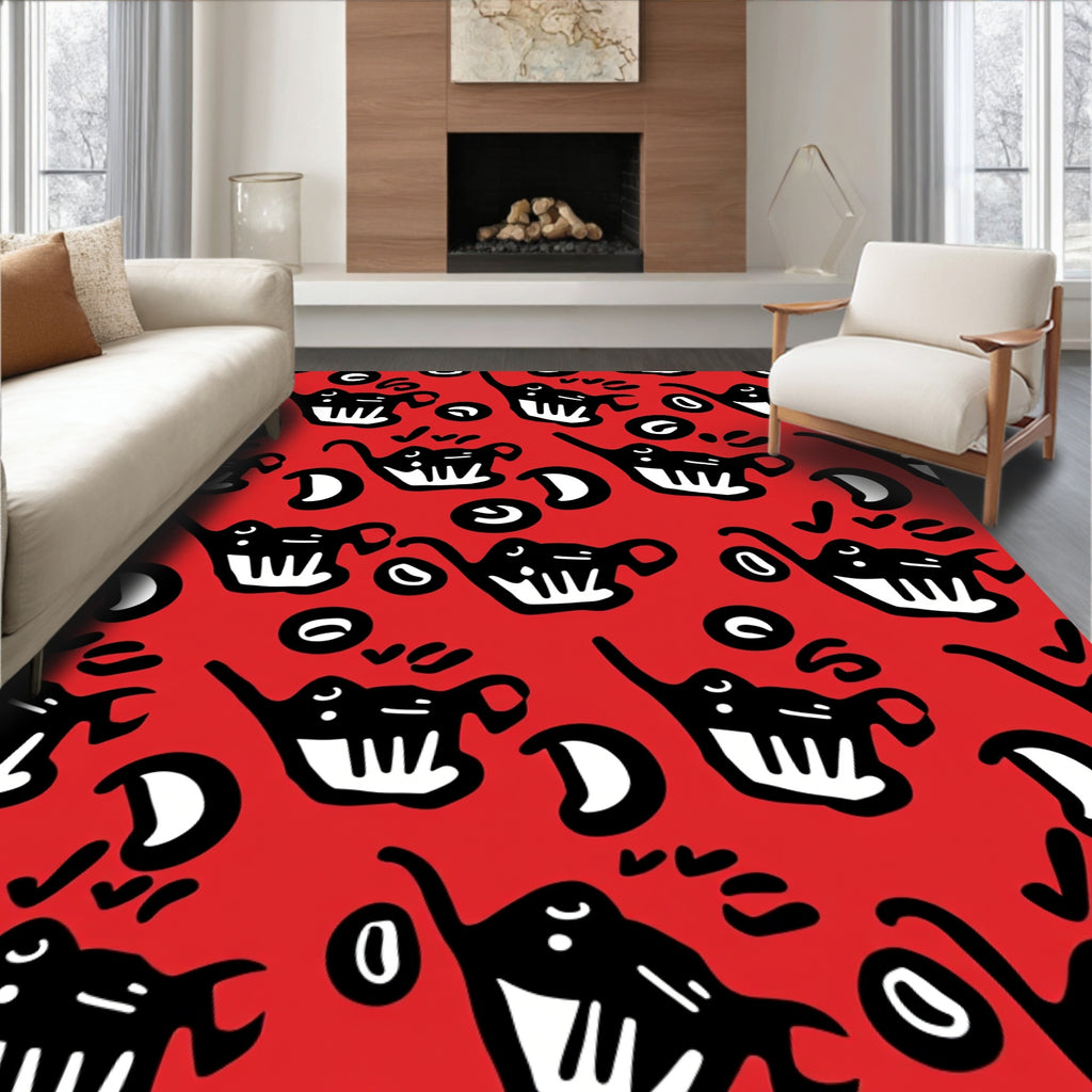 Whimsical Black Elephant Red Background Rug