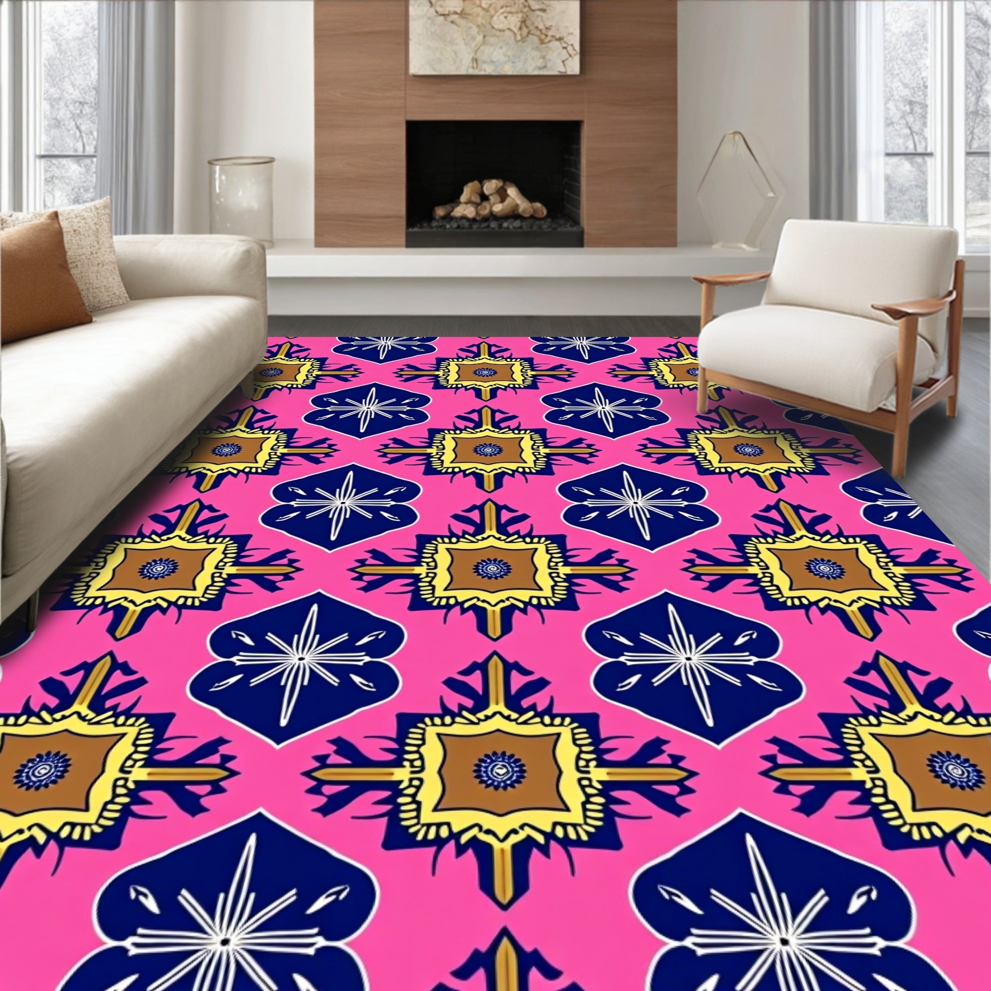 Pink Navy Golden Quatrefoil Medallion Rug