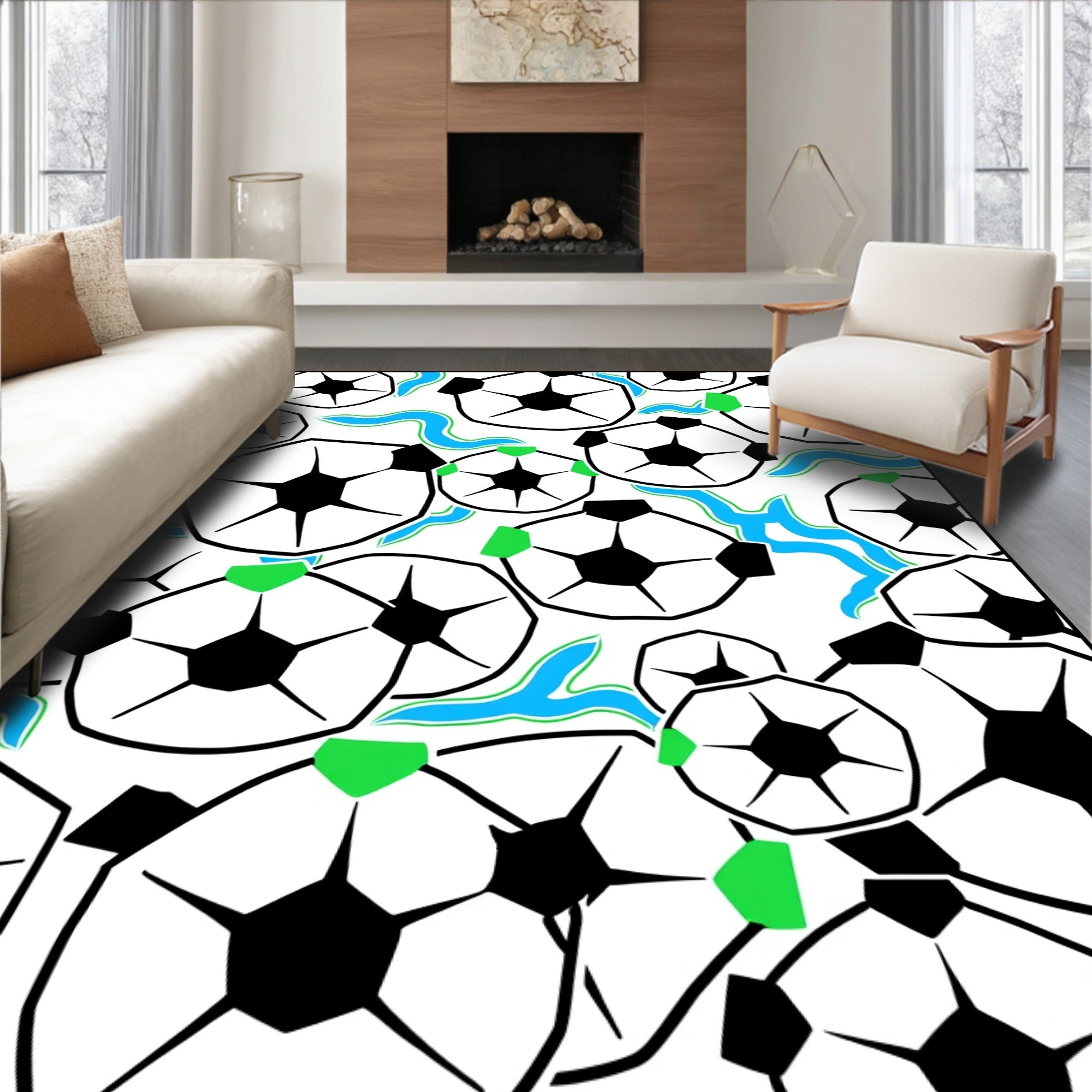 Dynamic Soccer Balls Blue Wave Accents Rug