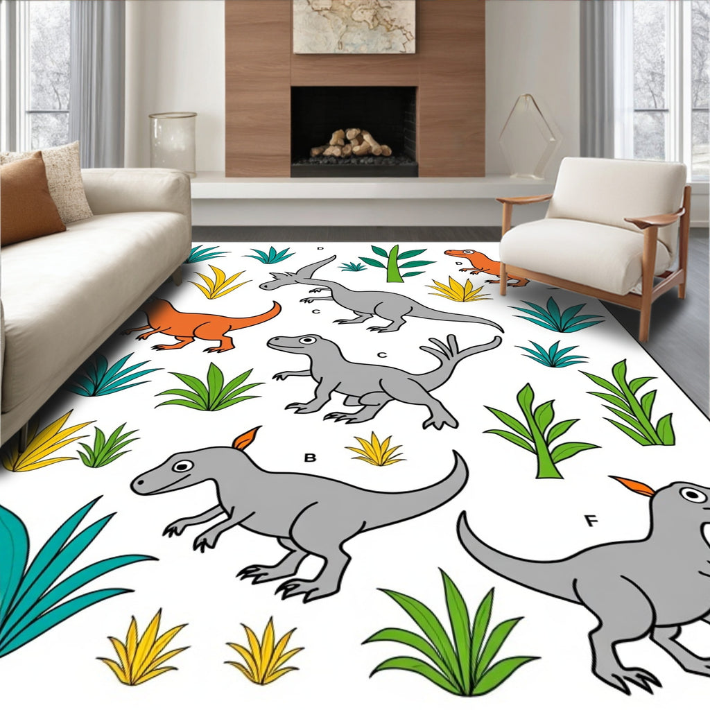 Playful Orange Gray Dinosaurs Foliage Collage Rug