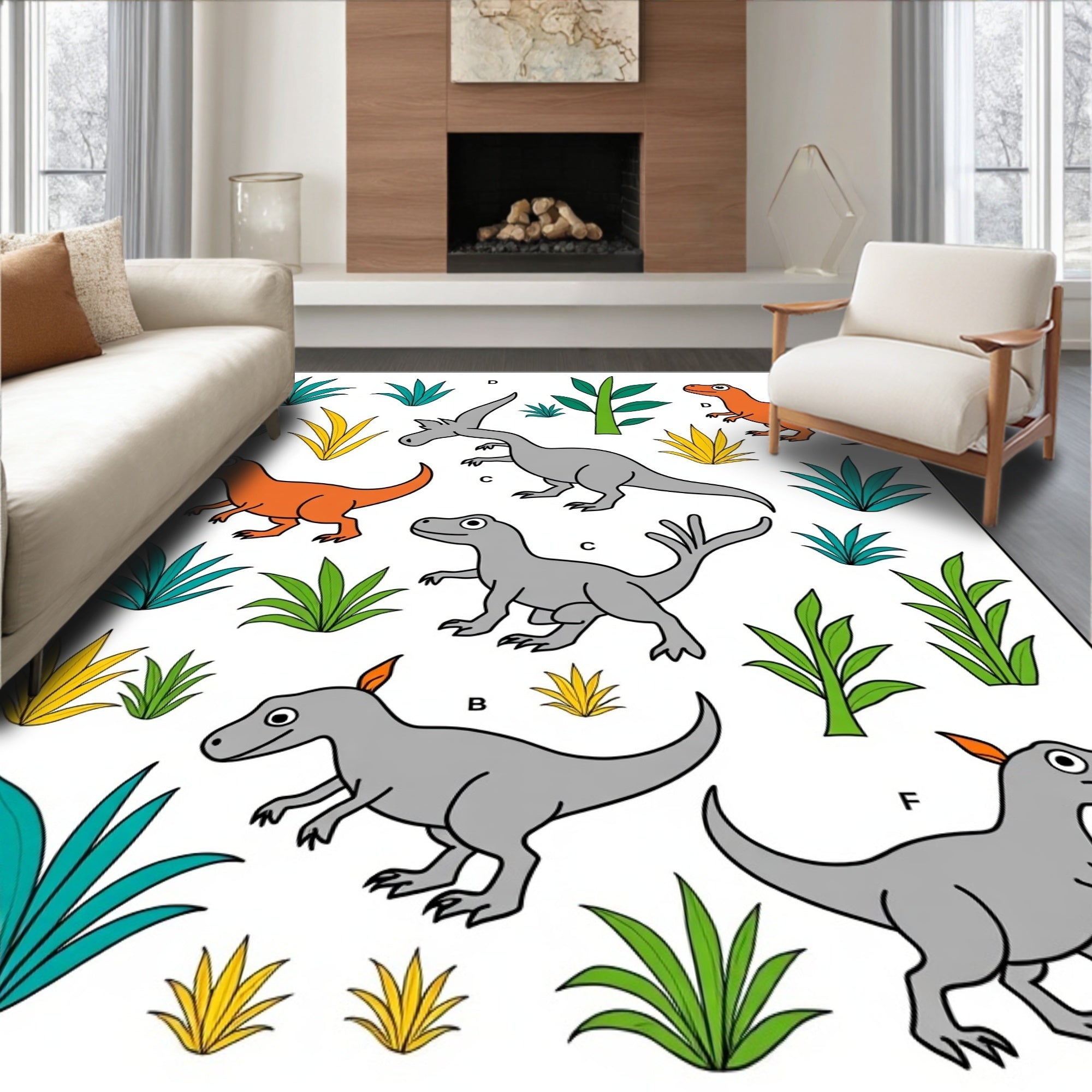 Playful Orange Gray Dinosaurs Foliage Collage Rug