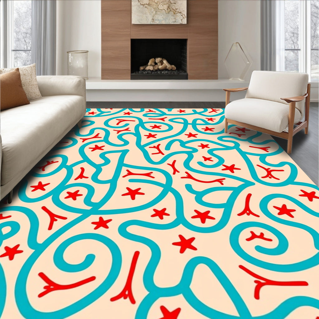 Whimsical Red Star Turquoise Swirl Rug